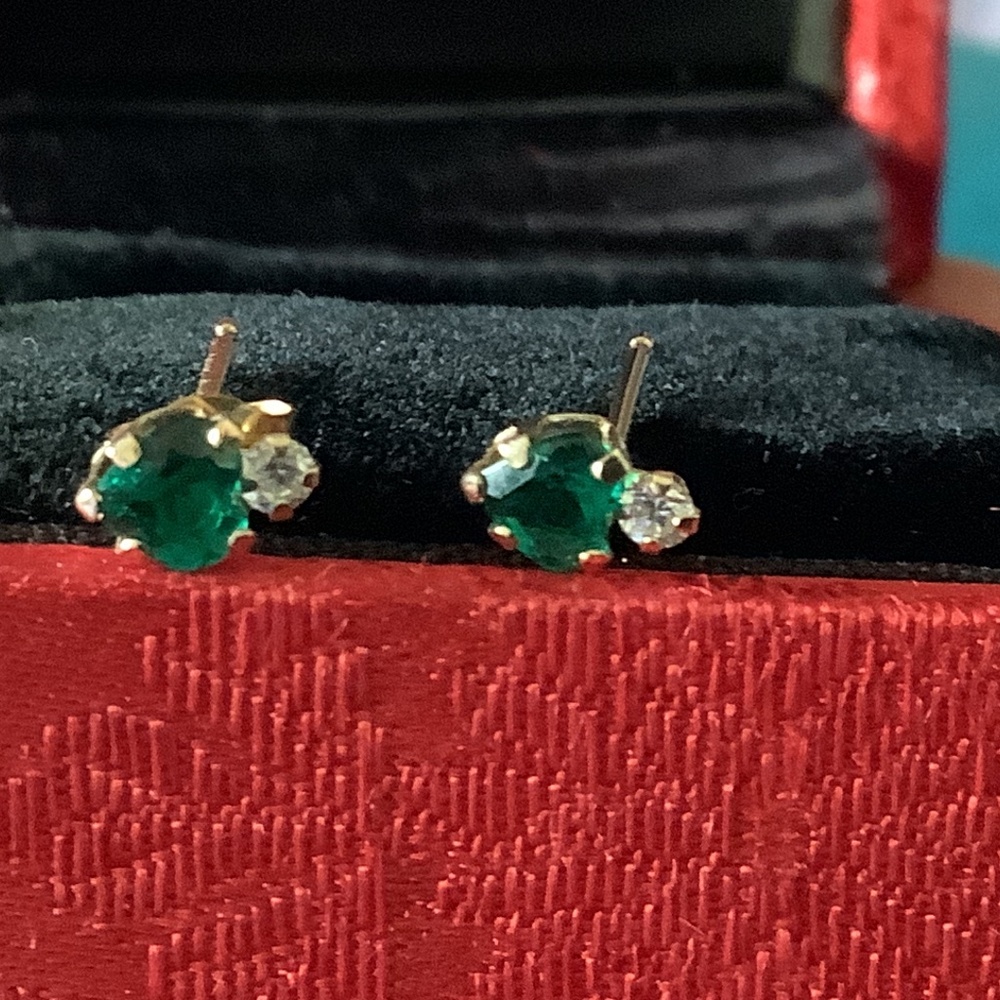 Tiny emerald and gold and diamond post earrings